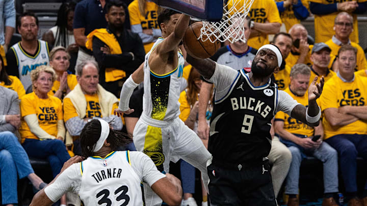 Apr 29, 2025; Indianapolis, Indiana, USA; Indiana Pacers guard Tyrese Haliburton (0) blocks the shot of Milwaukee Bucks forward Bobby Portis (9) during game five of the first round for the 2024 NBA Playoffs at Gainbridge Fieldhouse. Mandatory Credit: Trevor Ruszkowski-Imagn Images Apr 29, 2025; Indianapolis, Indiana, USA; Indiana Pacers guard Tyrese Haliburton (0) blocks the shot of Milwaukee Bucks forward Bobby Portis (9) during game five of the first round for the 2024 NBA Playoffs at Gainbridge Fieldhouse. Mandatory Credit: Trevor Ruszkowski-Imagn Images