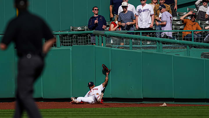 May 8, 2025; Boston, Massachusetts, USA; Boston Red Sox outfielder Ceddanne Rafaela (3) makes the out against the Texas Rangers in the ninth inning at Fenway Park. Mandatory Credit: David Butler II-Imagn Images May 8, 2025; Boston, Massachusetts, USA; Boston Red Sox outfielder Ceddanne Rafaela (3) makes the out against the Texas Rangers in the ninth inning at Fenway Park. Mandatory Credit: David Butler II-Imagn Images