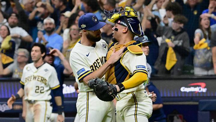 Oct 24, 2026; Milwaukee, Wisconsin, USA; Milwaukee Brewers pitcher Aaron Ashby (26) celebrates with catcher William Contreras (24) after defeating the Tampa Bay Rays during the ninth inning in game two of the 2026 World Series at American Family Field. Mandatory Credit: Benny Sieu-Imagn Images Oct 24, 2026; Milwaukee, Wisconsin, USA; Milwaukee Brewers pitcher Aaron Ashby (26) celebrates with catcher William Contreras (24) after defeating the Tampa Bay Rays during the ninth inning in game two of the 2026 World Series at American Family Field. Mandatory Credit: Benny Sieu-Imagn Images