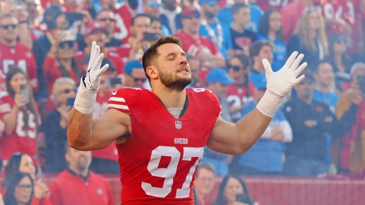 Jan 28, 2024; Santa Clara, California, USA; San Francisco 49ers defensive end Nick Bosa (97) is introduced before the NFC Championship football game against the Detroit Lions at Levi's Stadium. Mandatory Credit: Kelley L Cox-USA TODAY Sports