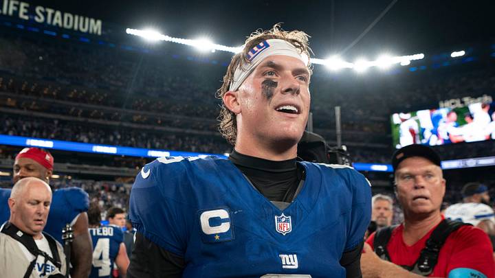 New York Giants quarterback Jaxson Dart (6) walks off the field following a 28-20 victory during a week one opening game between the New York Giants and Dallas Cowboys at Metlife Stadium on Sunday, Sept. 13, 2026, in East Rutherford, NJ.