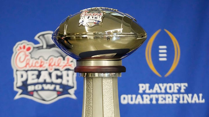 The Peach Bowl trophy on display during media day for the Chick-fil-A Peach Bowl in Atlanta on Monday, Dec. 30, 2024.