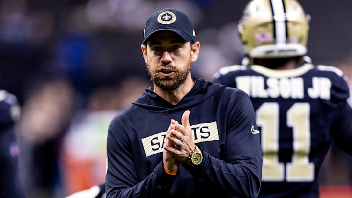 Sep 8, 2024; New Orleans, Louisiana, USA;  New Orleans Saints offensive coordinator Klint Kubiak reacts against the Carolina Panthers during the pregame at Caesars Superdome. Mandatory Credit: Stephen Lew-Imagn Images