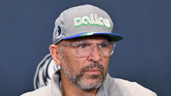Jun 27, 2025; Dallas, TX, USA; Dallas Mavericks head coach Jason Kidd speaks to the media at the Dallas Mavericks Practice Facility. Mandatory Credit: Jerome Miron-Imagn Images