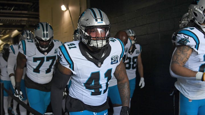 Dec 8, 2024; Philadelphia, Pennsylvania, USA; Carolina Panthers linebacker Jacoby Windmon (41) in the tunnel against the Philadelphia Eagles  at Lincoln Financial Field. Mandatory Credit: Eric Hartline-Imagn Images