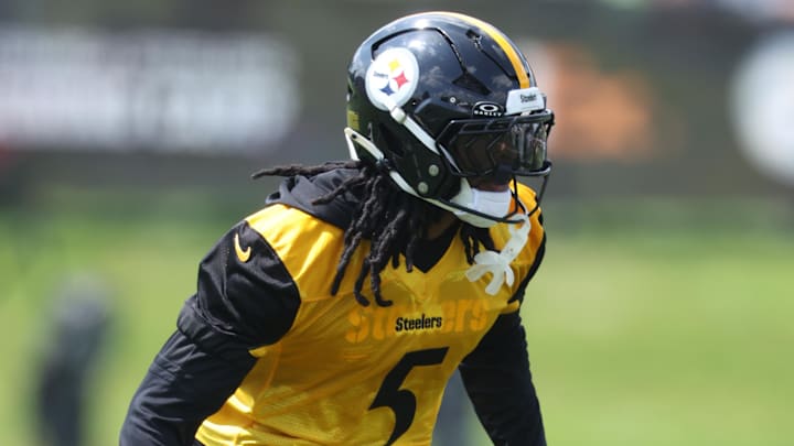 Jul 24, 2025; Latrobe, PA, USA;  Pittsburgh Steelers cornerback Jalen Ramsey (5) participates in drills during training camp at Saint Vincent College. Mandatory Credit: Charles LeClaire-Imagn Images