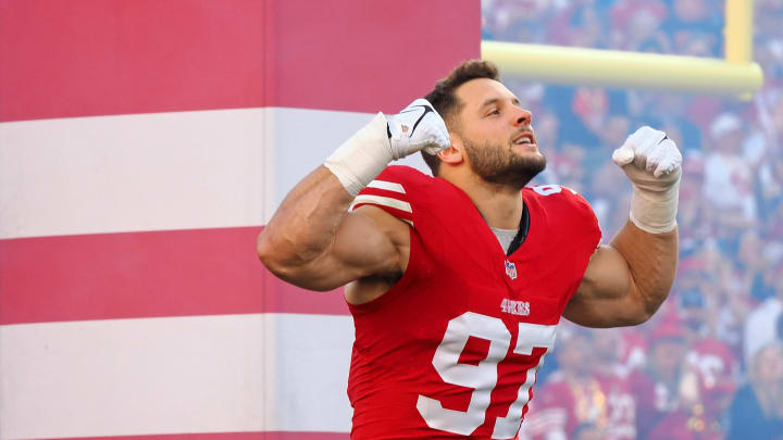 Jan 28, 2024; Santa Clara, California, USA; San Francisco 49ers defensive end Nick Bosa (97) is introduced before the NFC Championship football game against the Detroit Lions at Levi's Stadium. Mandatory Credit: Kelley L Cox-USA TODAY Sports Jan 28, 2024; Santa Clara, California, USA; San Francisco 49ers defensive end Nick Bosa (97) is introduced before the NFC Championship football game against the Detroit Lions at Levi's Stadium. Mandatory Credit: Kelley L Cox-USA TODAY Sports
