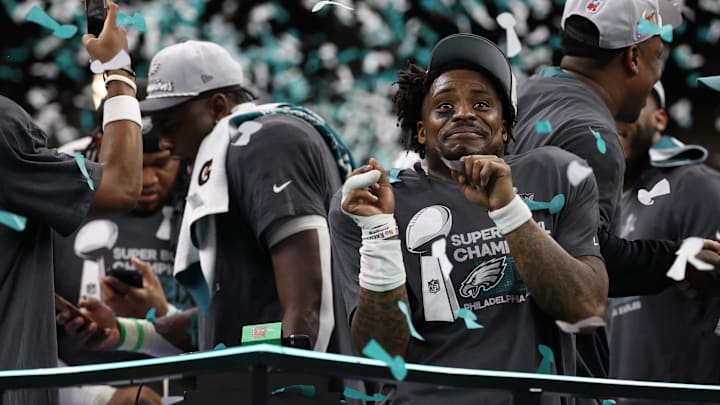 Feb 9, 2025; New Orleans, LA, USA; Philadelphia Eagles safety C.J. Gardner-Johnson celebrates on the stage during the championship trophy presentation after the Eagles' game against the Kansas City Chiefs in Super Bowl LIX at Caesars Superdome. Mandatory Credit: Geoff Burke-Imagn Images Feb 9, 2025; New Orleans, LA, USA; Philadelphia Eagles safety C.J. Gardner-Johnson celebrates on the stage during the championship trophy presentation after the Eagles' game against the Kansas City Chiefs in Super Bowl LIX at Caesars Superdome. Mandatory Credit: Geoff Burke-Imagn Images