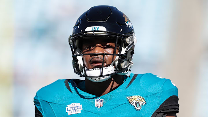 Dec 1, 2024; Jacksonville, Florida, USA; Jacksonville Jaguars running back Keilan Robinson (31) warms up before a game Houston Texans at EverBank Stadium. Mandatory Credit: Nathan Ray Seebeck-Imagn Images