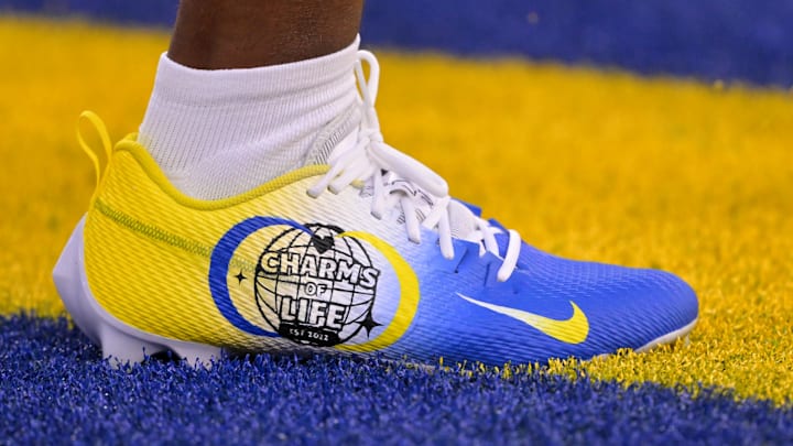 Custom cleats, to support Charms of Life, worn by Los Angeles Rams safety Kamren Kinchens, during the NFL's My Cause My Cleats weekend.