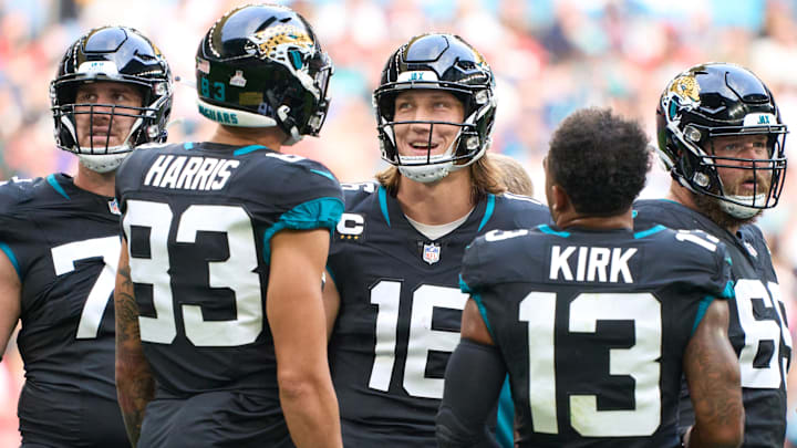 Jacksonville Jaguars quarterback Trevor Lawrence (16) reacts.