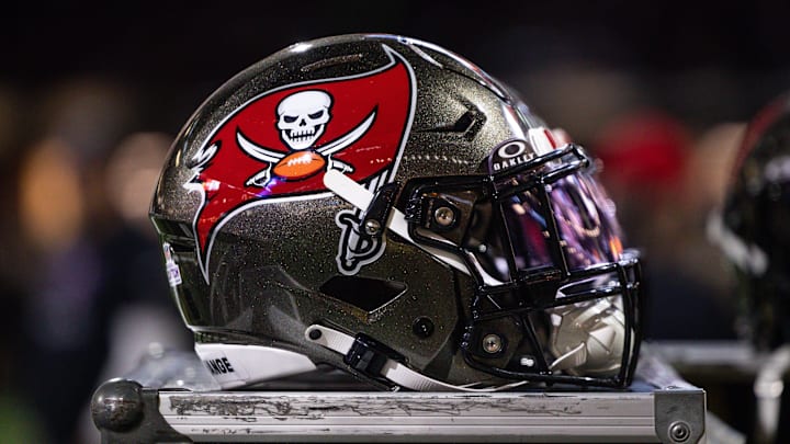 Detailed view of the Tampa Bay Buccaneers helmet against the New Orleans Saints.