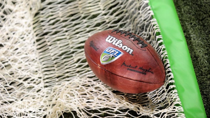 Oct. 8, 2009; Las Vegas, NV, USA; Detailed view of a UFL football during the game between the California Redwoods against the Las Vegas Locomotives in the inaugural United Football League game at Sam Boyd Stadium. Las Vegas defeated California 30-17. Oct. 8, 2009; Las Vegas, NV, USA; Detailed view of a UFL football during the game between the California Redwoods against the Las Vegas Locomotives in the inaugural United Football League game at Sam Boyd Stadium. Las Vegas defeated California 30-17.