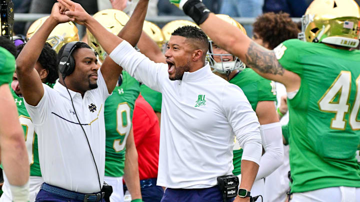Sep 28, 2024; South Bend, Indiana, USA; Notre Dame Fighting Irish head coach Marcus Freeman reacts after a turnover on downs by the Louisville Cardinals in the second quarter at Notre Dame Stadium. Mandatory Credit: Matt Cashore-Imagn Images Sep 28, 2024; South Bend, Indiana, USA; Notre Dame Fighting Irish head coach Marcus Freeman reacts after a turnover on downs by the Louisville Cardinals in the second quarter at Notre Dame Stadium. Mandatory Credit: Matt Cashore-Imagn Images