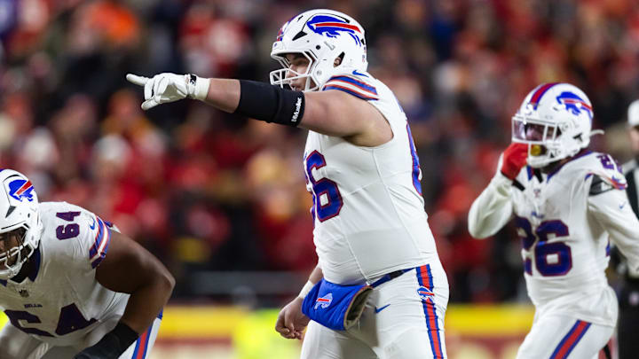 Jan 26, 2025; Kansas City, MO, USA; Buffalo Bills guard Connor McGovern (66) against the Kansas City Chiefs during the AFC Championship Game