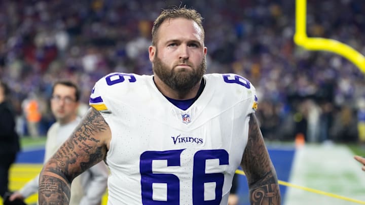 Jan 13, 2025; Glendale, AZ, USA; Minnesota Vikings guard Dalton Risner (66) against the Los Angeles Rams during an NFC wild card game at State Farm Stadium. Mandatory Credit: Mark J. Rebilas-Imagn Images