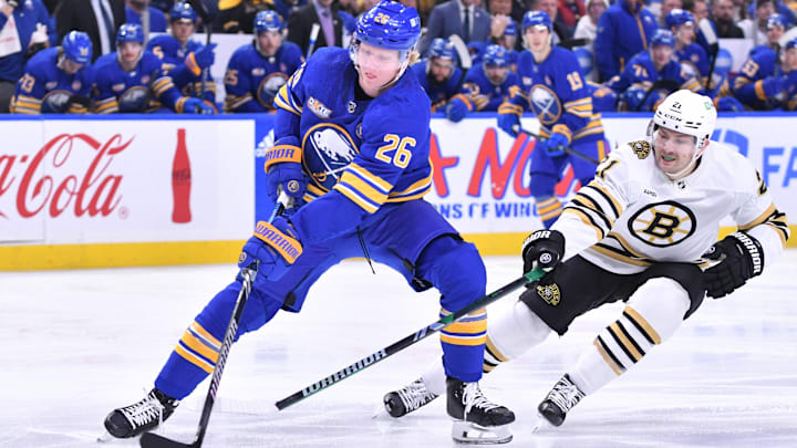 Nov 14, 2023; Buffalo, New York, USA; Buffalo Sabres defenseman Rasmus Dahlin (26) handles the puck