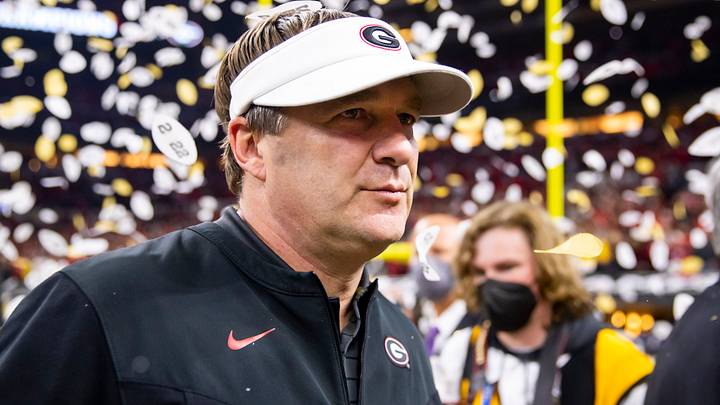 Jan 10, 2022; Indianapolis, IN, USA; Georgia Bulldogs head coach Kirby Smart after defeating the Alabama Crimson Tide in the 2022 CFP college football national championship game at Lucas Oil Stadium. Mandatory Credit: Mark J. Rebilas-USA TODAY Sports Jan 10, 2022; Indianapolis, IN, USA; Georgia Bulldogs head coach Kirby Smart after defeating the Alabama Crimson Tide in the 2022 CFP college football national championship game at Lucas Oil Stadium. Mandatory Credit: Mark J. Rebilas-USA TODAY Sports