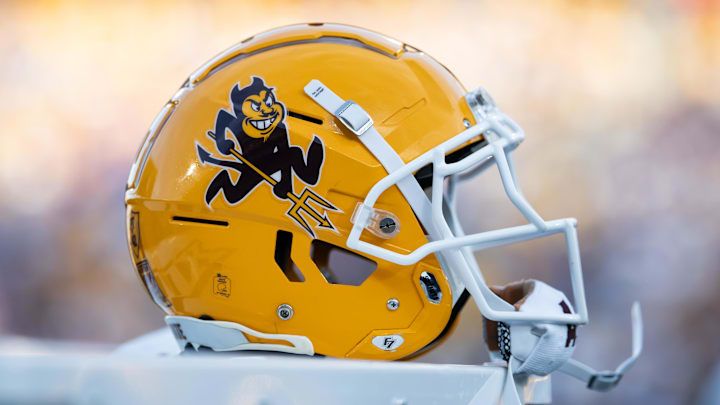 Nov 23, 2024; Tempe, Arizona, USA; Detailed view of an Arizona State Sun Devils helmet at Mountain America Stadium. Mandatory Credit: Mark J. Rebilas-Imagn Images Nov 23, 2024; Tempe, Arizona, USA; Detailed view of an Arizona State Sun Devils helmet at Mountain America Stadium. Mandatory Credit: Mark J. Rebilas-Imagn Images