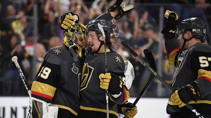 May 28, 2018; Las Vegas, NV, USA; Vegas Golden Knights goaltender Marc-Andre Fleury (29) celebrates with left wing Erik Haula (56) and left wing David Perron (57) after defeating the Washington Capitals in game one of the 2018 Stanley Cup Final at T-Mobile Arena. Mandatory Credit: Stephen R. Sylvanie-USA TODAY Sports May 28, 2018; Las Vegas, NV, USA; Vegas Golden Knights goaltender Marc-Andre Fleury (29) celebrates with left wing Erik Haula (56) and left wing David Perron (57) after defeating the Washington Capitals in game one of the 2018 Stanley Cup Final at T-Mobile Arena. Mandatory Credit: Stephen R. Sylvanie-USA TODAY Sports