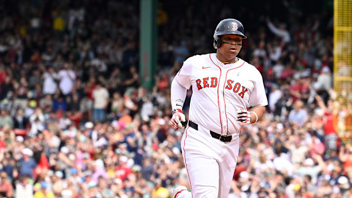 Boston Red Sox designated hitter Rafael Devers runs the bases after hitting a home run against the New York Yankees.
