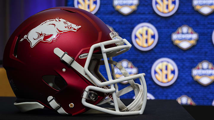 Jul 20, 2022; Atlanta, GA, USA; The Arkansas helmet shown before on the stage during SEC Media Days at the College Football Hall of Fame. Mandatory Credit: Dale Zanine-Imagn Images
