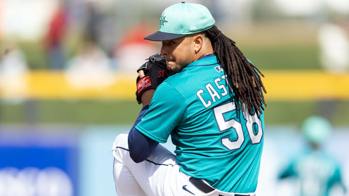 Mar 3, 2025; Peoria, Arizona, USA; Seattle Mariners pitcher Luis Castillo against the Cleveland Guardians during a spring training game at Peoria Sports Complex. 