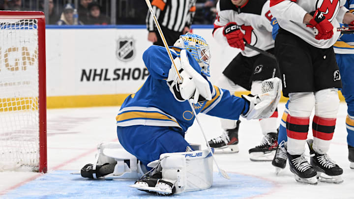 Feb 28, 2026; St. Louis, Missouri, USA; St. Louis Blues goaltender Jordan Binnington (50) makes a glove save against the New Jersey Devils in the third period at Enterprise Center. Mandatory Credit: Joe Puetz-Imagn Images