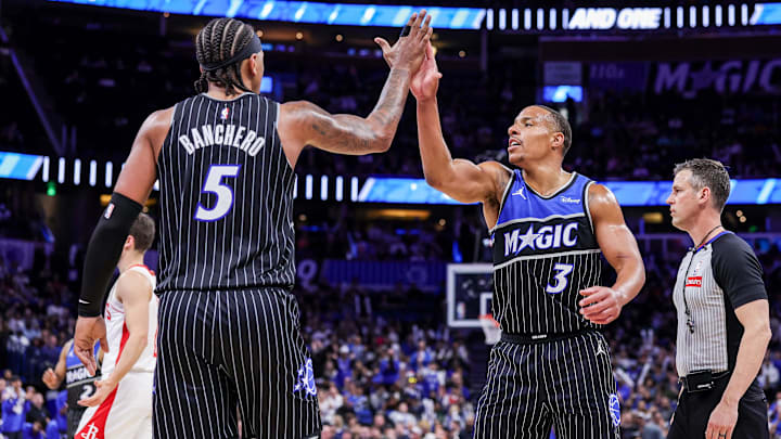 Feb 26, 2026; Orlando, Florida, USA; Orlando Magic guard Desmond Bane (3) and forward Paolo Banchero (5) celebrate during the second quarter against the Houston Rockets at Kia Center. Mandatory Credit: Mike Watters-Imagn Images Feb 26, 2026; Orlando, Florida, USA; Orlando Magic guard Desmond Bane (3) and forward Paolo Banchero (5) celebrate during the second quarter against the Houston Rockets at Kia Center. Mandatory Credit: Mike Watters-Imagn Images