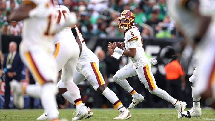 Sep 13, 2026; Philadelphia, Pennsylvania, USA; Washington Commanders quarterback Jayden Daniels (5) surveys the field against the Philadelphia Eagles during the second half at Lincoln Financial Field. Mandatory Credit: Bill Streicher-Imagn Images Sep 13, 2026; Philadelphia, Pennsylvania, USA; Washington Commanders quarterback Jayden Daniels (5) surveys the field against the Philadelphia Eagles during the second half at Lincoln Financial Field. Mandatory Credit: Bill Streicher-Imagn Images