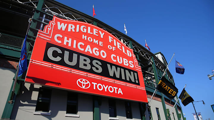 Jul 7, 2017; Chicago, IL, USA; Detailed view of the marquee sign outside the stadium showing a Chicago Cubs win after defeating the Pittsburgh Pirates at Wrigley Field. Mandatory Credit: Mark J. Rebilas-Imagn Images