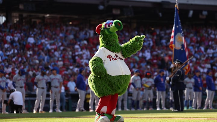 Oct 5, 2024; Philadelphia, PA, USA; Philadelphia Phillies mascot the Phillie Phanatic performs before game one of the NLDS for the 2024 MLB Playoffs against the New York Mets at Citizens Bank Park. Oct 5, 2024; Philadelphia, PA, USA; Philadelphia Phillies mascot the Phillie Phanatic performs before game one of the NLDS for the 2024 MLB Playoffs against the New York Mets at Citizens Bank Park.