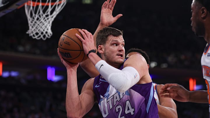 Jan 1, 2025; New York, New York, USA; Utah Jazz center Walker Kessler (24) secures the ball after a rebound during the first half against the New York Knicks at Madison Square Garden. Mandatory Credit: Vincent Carchietta-Imagn Images Jan 1, 2025; New York, New York, USA; Utah Jazz center Walker Kessler (24) secures the ball after a rebound during the first half against the New York Knicks at Madison Square Garden. Mandatory Credit: Vincent Carchietta-Imagn Images