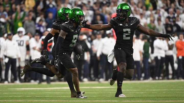 Oregon Ducks defensive back Nikko Reed reacts after an interception against the Penn State Nittany Lions.