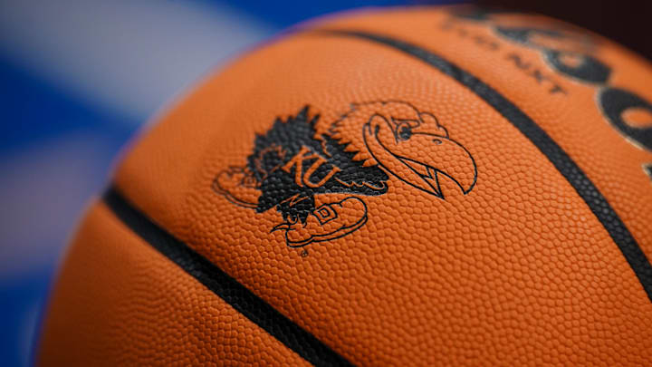 Dec 22, 2023; Lawrence, Kansas, USA; A detail view of the logo on basketballs prior to a game between the Kansas Jayhawks and Yale Bulldogs at Allen Fieldhouse. Mandatory Credit: Denny Medley-Imagn Images