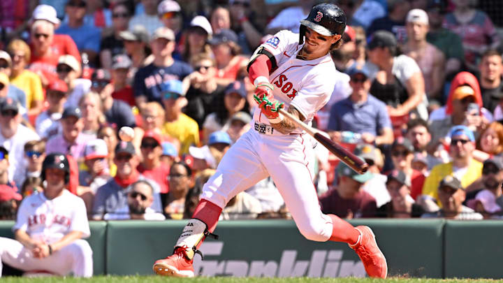 Jun 29, 2025; Boston, Massachusetts, USA; Boston Red Sox left fielder Jarren Duran (16) hits a triple against the Toronto Blue Jays during the sixth inning at Fenway Park. Mandatory Credit: Eric Canha-Imagn Images Jun 29, 2025; Boston, Massachusetts, USA; Boston Red Sox left fielder Jarren Duran (16) hits a triple against the Toronto Blue Jays during the sixth inning at Fenway Park. Mandatory Credit: Eric Canha-Imagn Images