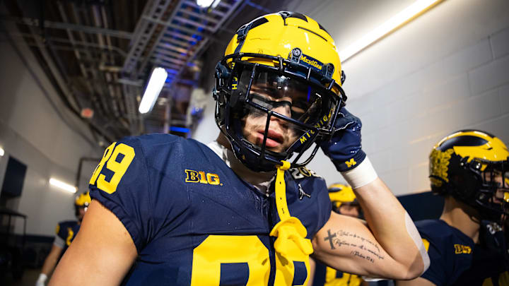 Jan 8, 2024; Houston, TX, USA; Michigan Wolverines tight end AJ Barner (89) against the Washington Huskies during the 2024 College Football Playoff national championship.