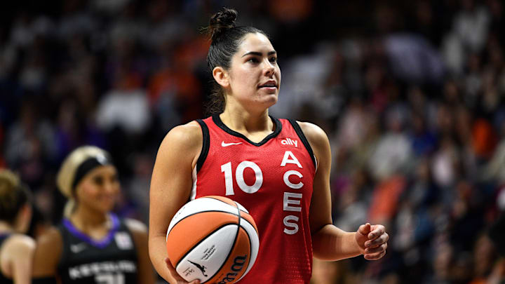 Las Vegas Aces guard Kelsey Plum (10) looks on during a September 6, 2024 game.