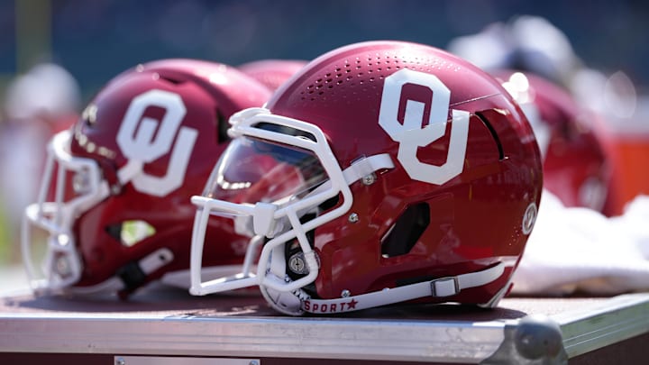 Sep 13, 2025; Philadelphia, Pennsylvania, USA; A view of an Oklahoma Sooners helmet during the game against the Temple Owls at Lincoln Financial Field. Mandatory Credit: Kyle Ross-Imagn Images