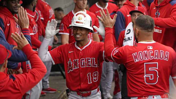 Chicago, Illinois, USA; Los Angeles Angels outfielder Kyren Paris (19) celebrates his home run against the Chicago White Sox during the eighth inning at Rate Field.