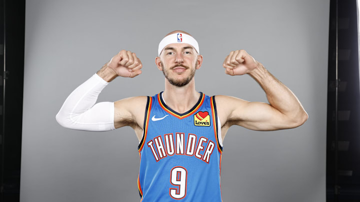 Oklahoma City Thunder guard Alex Caruso poses for a photo during Oklahoma City Thunder Media Day at Paycom Center. 