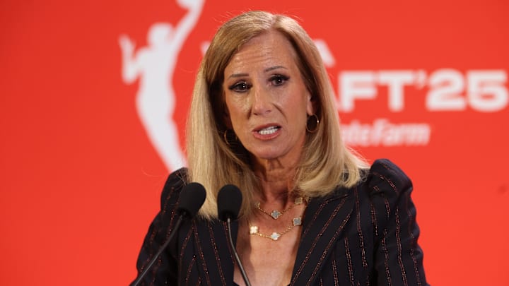 Apr 14, 2025; New York, New York, USA; WNBA commissioner Cathy Engelbert talks to the media before the 2025 WNBA Draft at The Shed at Hudson Yards. Mandatory Credit: Vincent Carchietta-Imagn Images Apr 14, 2025; New York, New York, USA; WNBA commissioner Cathy Engelbert talks to the media before the 2025 WNBA Draft at The Shed at Hudson Yards. Mandatory Credit: Vincent Carchietta-Imagn Images