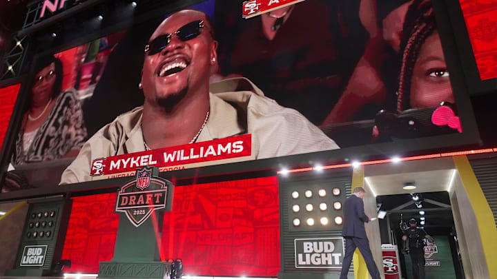 Mykel Williams, DE, Georgia was selected 11th overall by the San Francisco 49ers during the first round of the 2025 NFL Draft at Lambeau Field on April 24, 2025 in Green Bay, Wisconsin.
