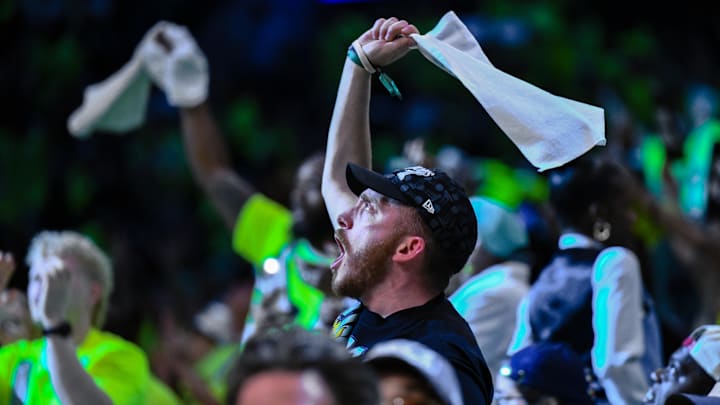 Jul 26, 2025; Brooklyn, New York, USA; New York Liberty fans react during the second half of the game against the Los Angeles Sparks at Barclays Center. Mandatory Credit: John Jones-Imagn Images Jul 26, 2025; Brooklyn, New York, USA; New York Liberty fans react during the second half of the game against the Los Angeles Sparks at Barclays Center. Mandatory Credit: John Jones-Imagn Images
