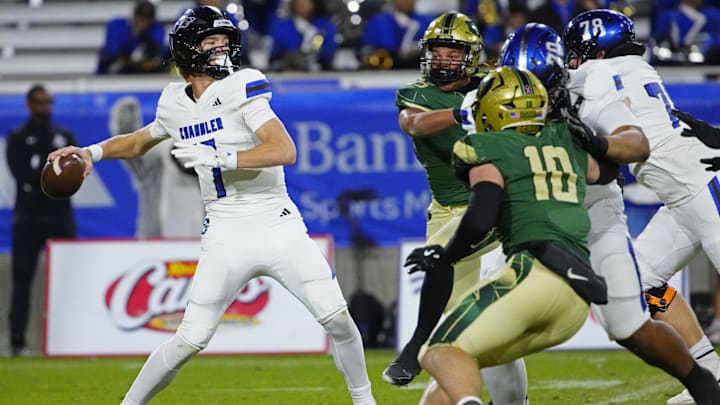 Chandler quarterback Will Mencl (7) throws against Basha during the Open state championship at Mountain America Stadium in Tempe on Dec. 6, 2025.