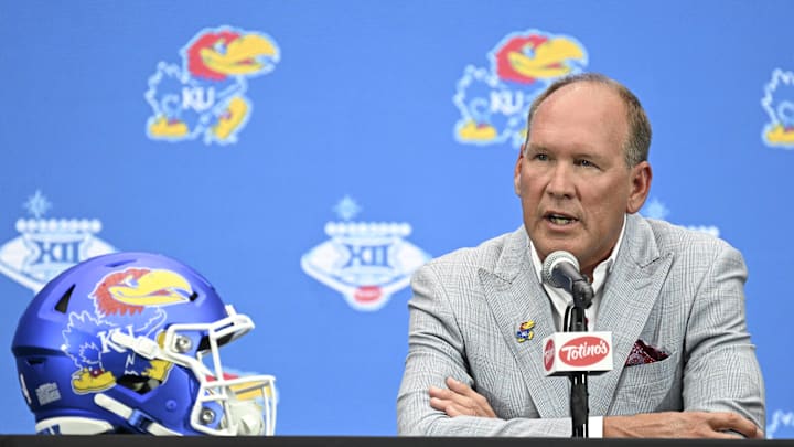 Jul 10, 2024; Las Vegas, NV, USA; Kansas Jayhawks head coach Lance Leipold speaks to the media during the Big 12 Media Days at Allegiant Stadium. Mandatory Credit: Candice Ward-USA TODAY Sports