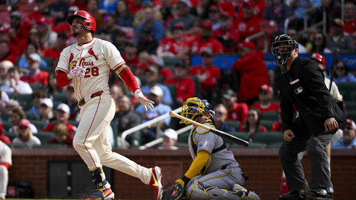 Apr 26, 2025; St. Louis, Missouri, USA; St. Louis Cardinals third baseman Nolan Arenado (28) hits a solo walk-off home run against the Milwaukee Brewers during the ninth inning at Busch Stadium. Mandatory Credit: Jeff Curry-Imagn Images Apr 26, 2025; St. Louis, Missouri, USA; St. Louis Cardinals third baseman Nolan Arenado (28) hits a solo walk-off home run against the Milwaukee Brewers during the ninth inning at Busch Stadium. Mandatory Credit: Jeff Curry-Imagn Images