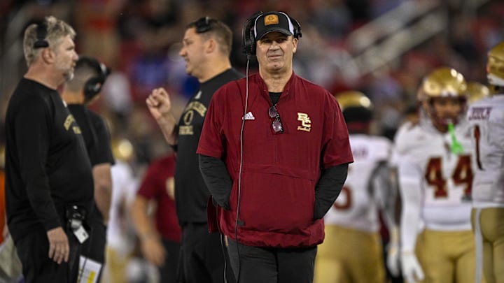 Nov 16, 2024; Dallas, Texas, USA; Boston College Eagles head coach Bill O'Brien looks on during the second half of the game against the SMU Mustangs at Gerald J. Ford Stadium. Mandatory Credit: Jerome Miron-Imagn Images