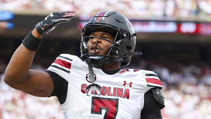 Oct 19, 2024; Norman, Oklahoma, USA; South Carolina Gamecocks defensive back Nick Emmanwori (7) reacts after returning an interception for a touchdown during the first half against the Oklahoma Sooners at Gaylord Family-Oklahoma Memorial Stadium.