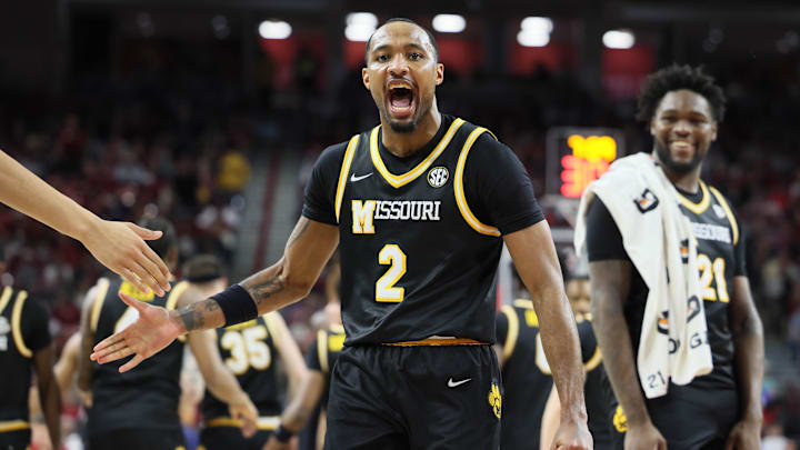 Missouri Tigers guard Tamar Bates (2) celebrates after a basket, in a game versus the Arkansas Razorbacks this season.